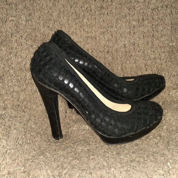 GALLIANO-Black Leather/Crochet Pumps-Croc Embossed Heels-Sz 38-Excellent - Picture 4 of 7